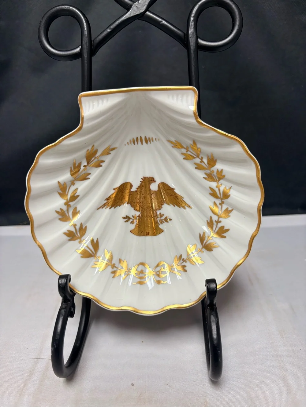 Limoges Scallop Shell Trinket Serving Dish Diplomatic Eagle Gold Laurel Leaf